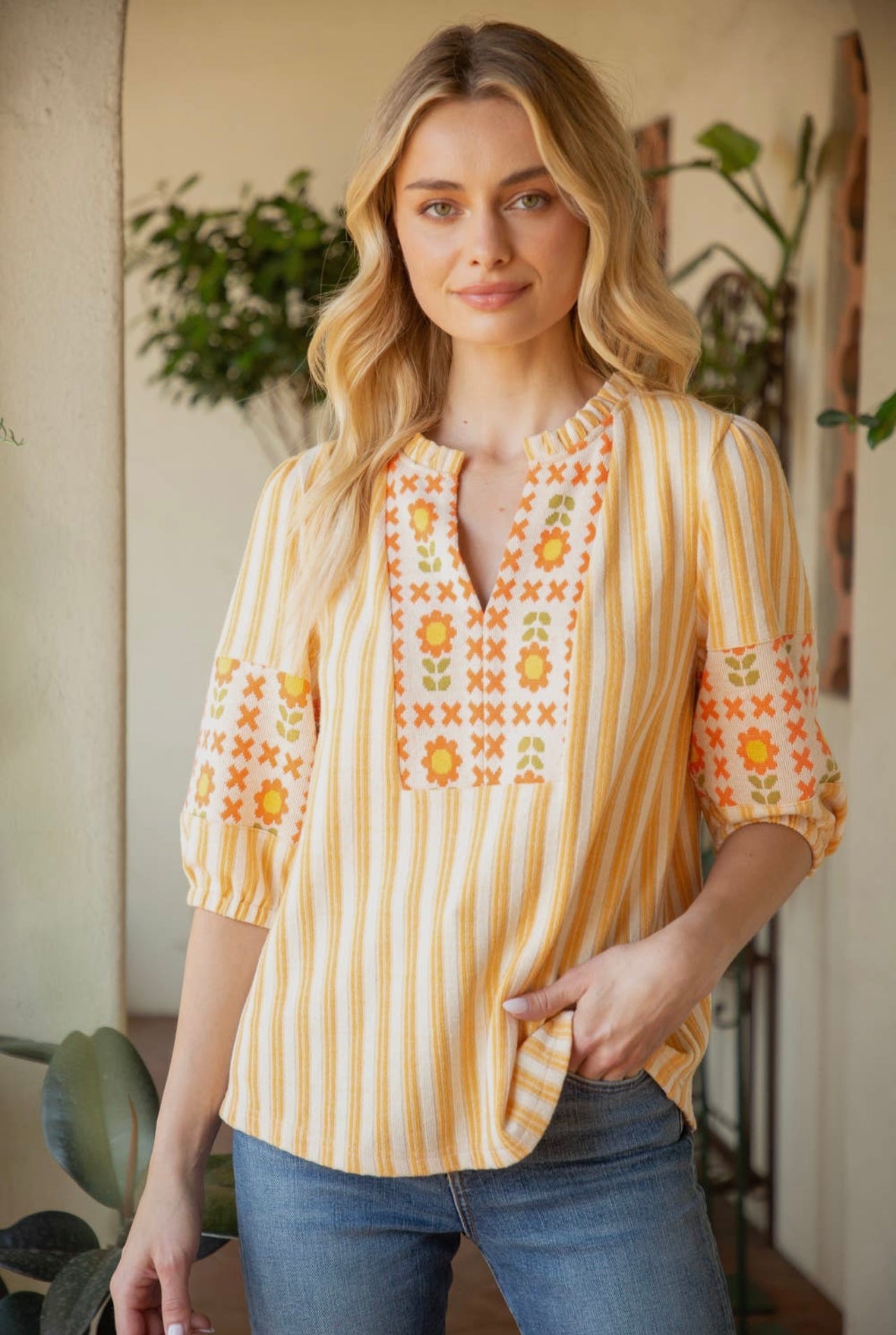 Stripe and Floral Pattern Mixed Knit Top