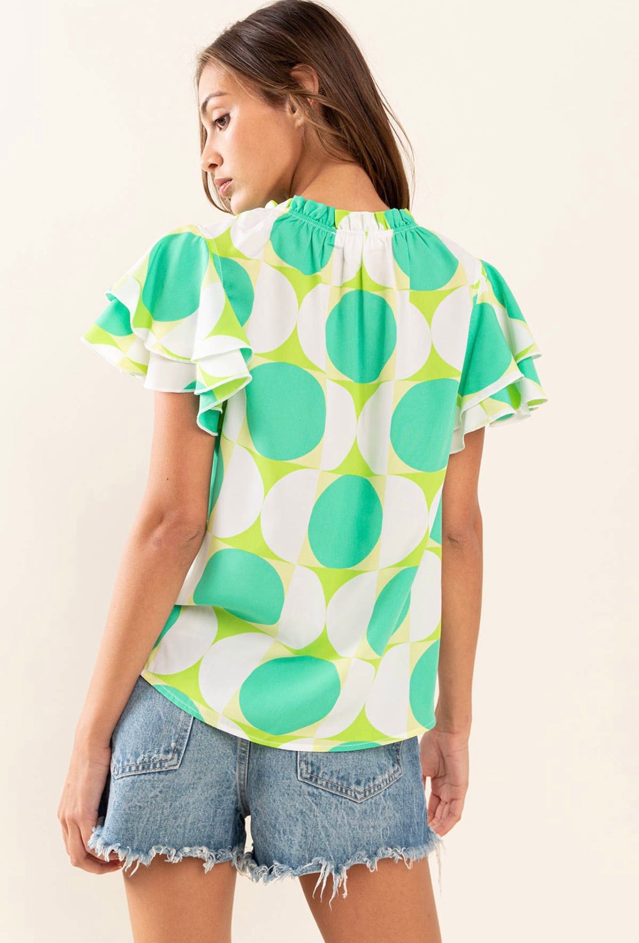 Geometric Woven Ruffle Short Sleeve Top