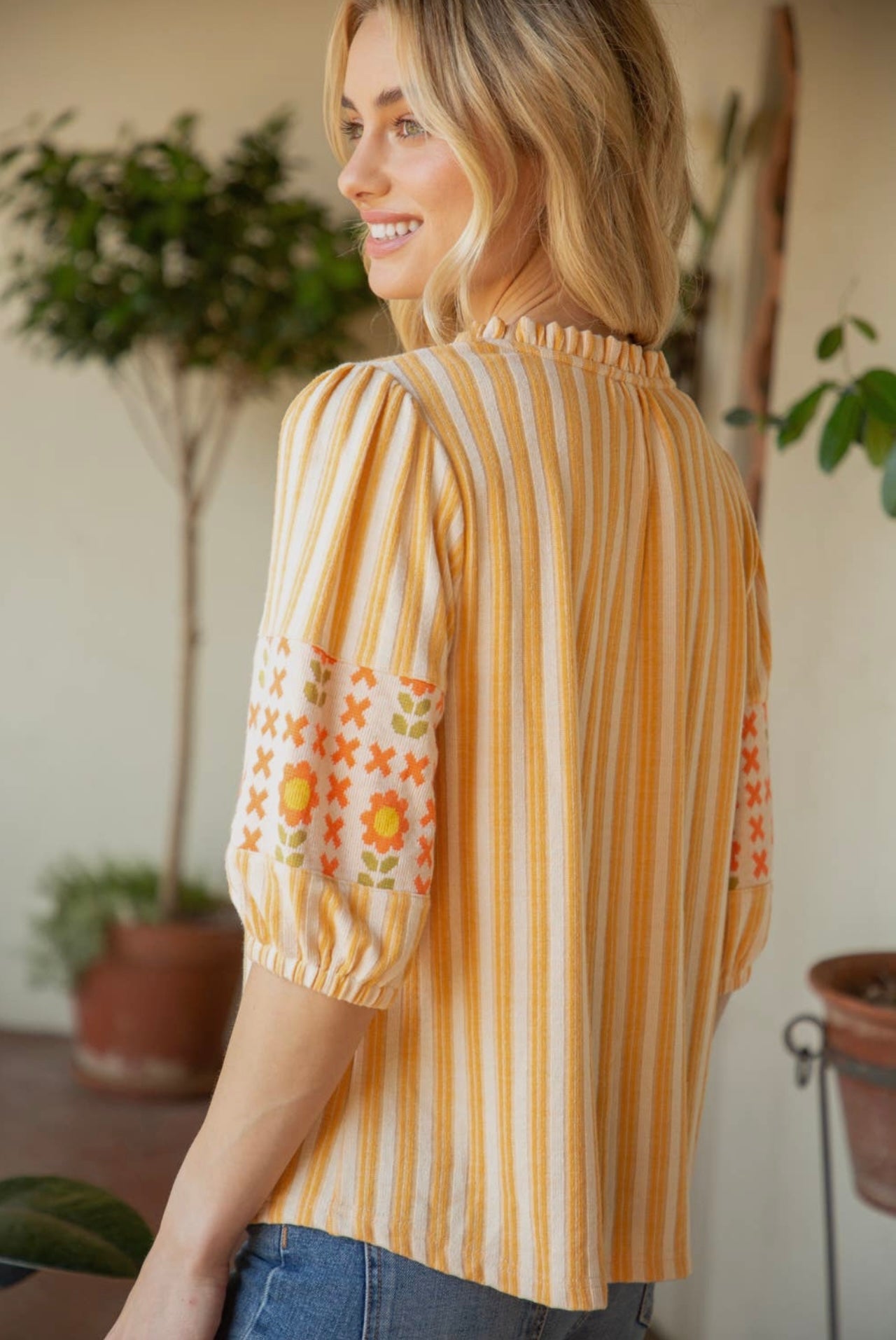 Stripe and Floral Pattern Mixed Knit Top