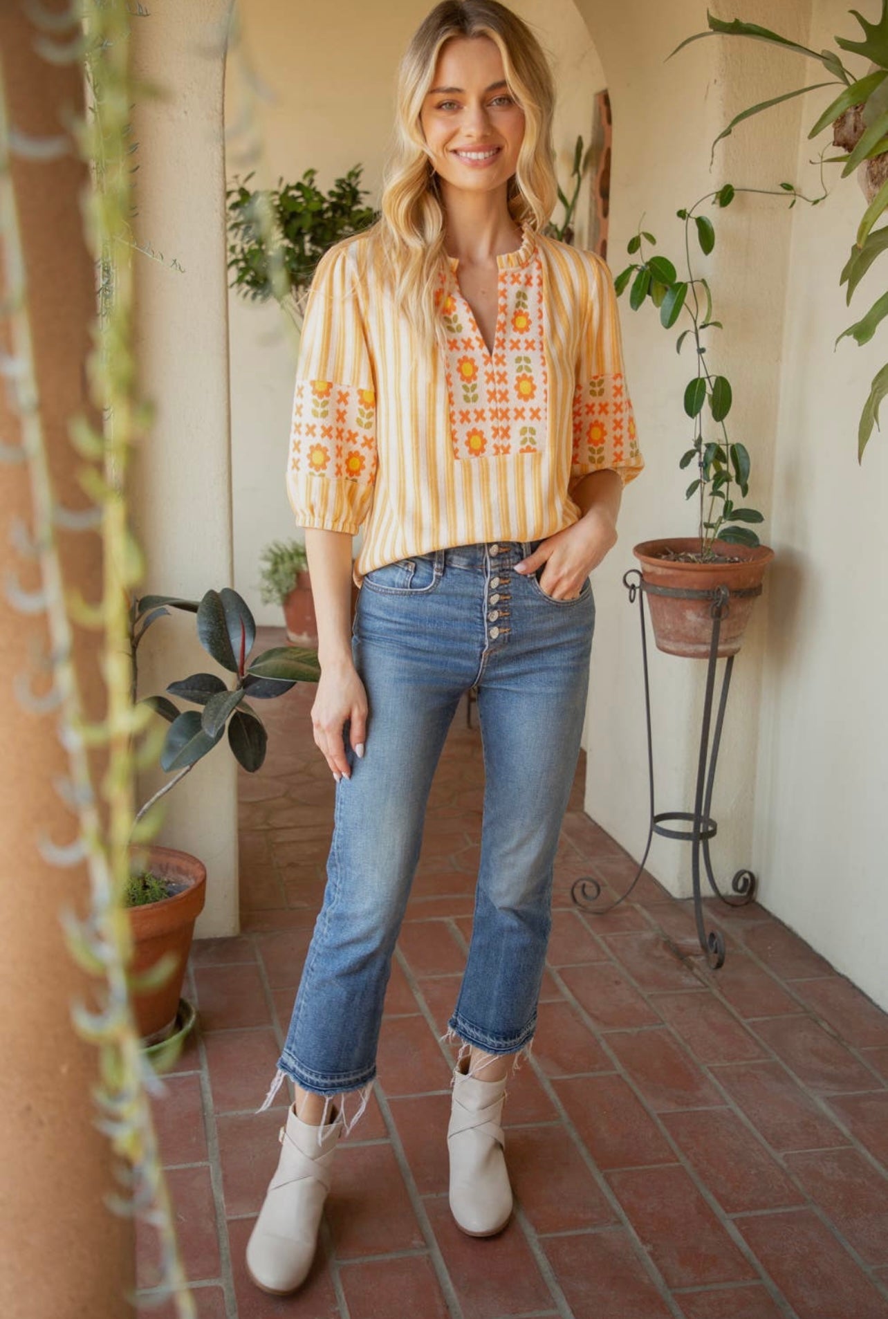 Stripe and Floral Pattern Mixed Knit Top