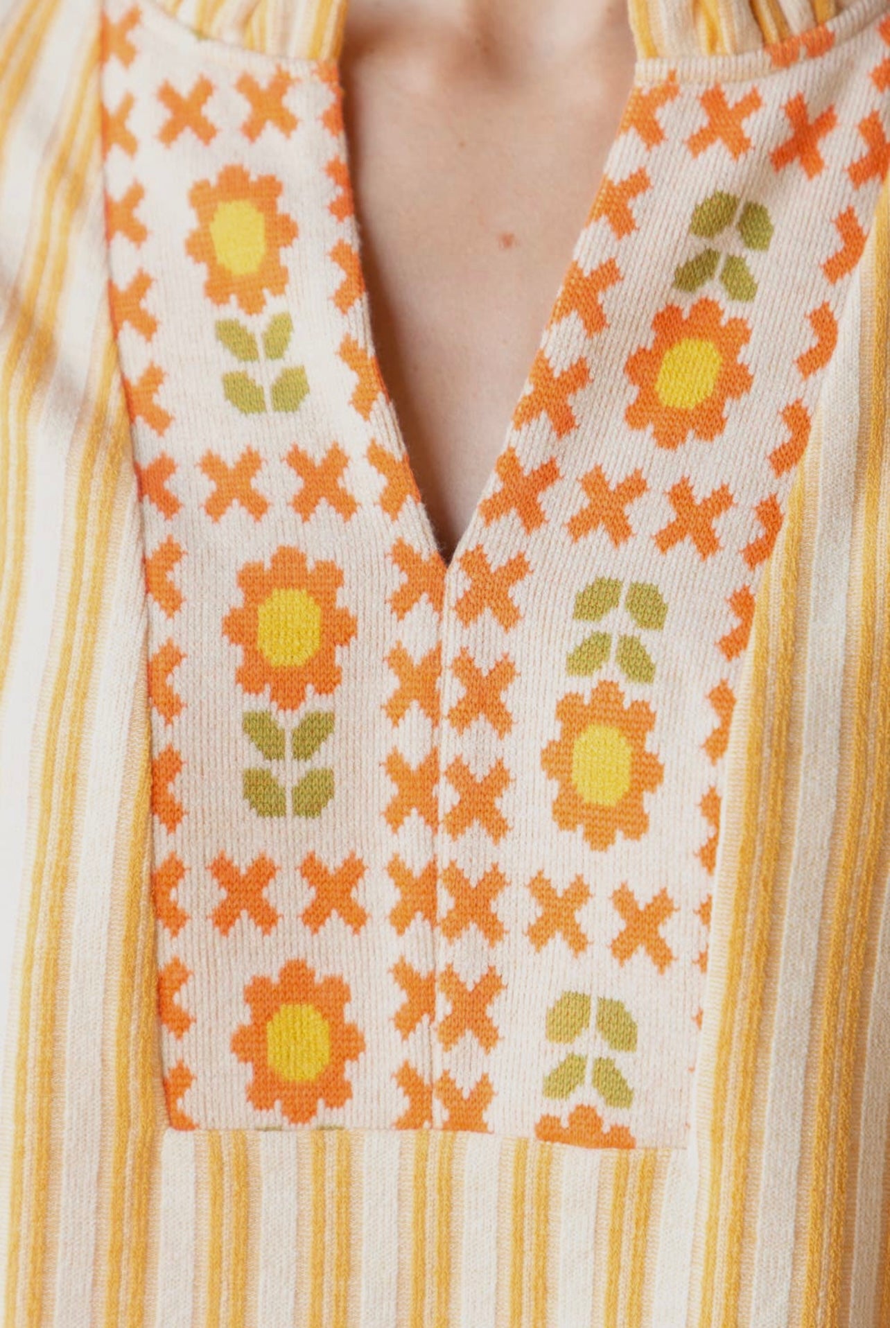 Stripe and Floral Pattern Mixed Knit Top