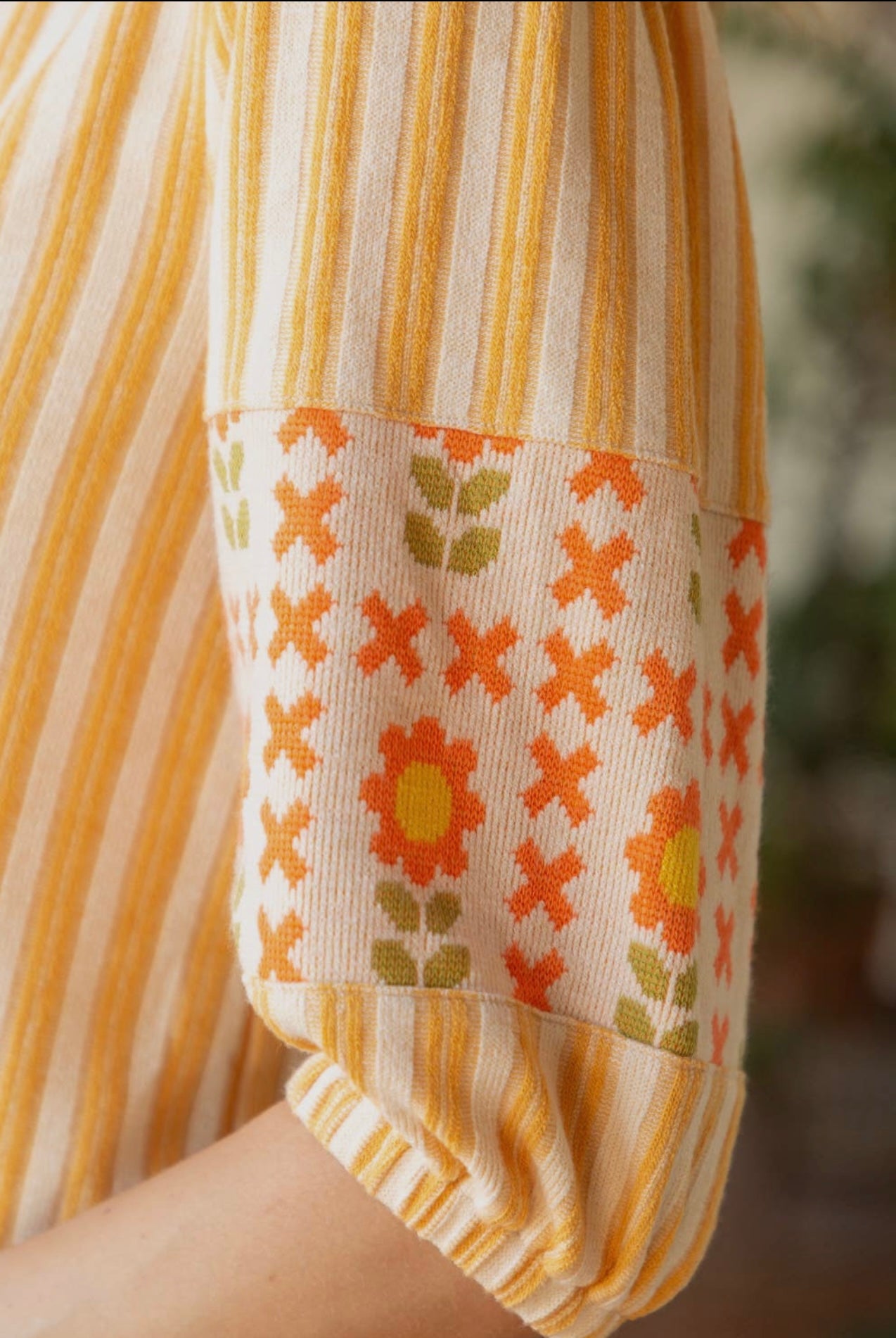 Stripe and Floral Pattern Mixed Knit Top