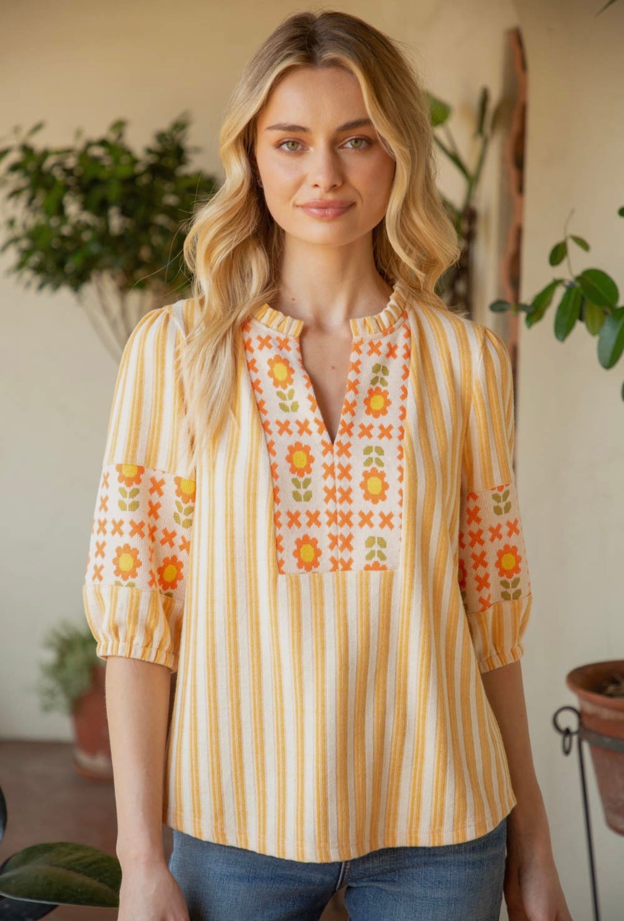 Stripe and Floral Pattern Mixed Knit Top