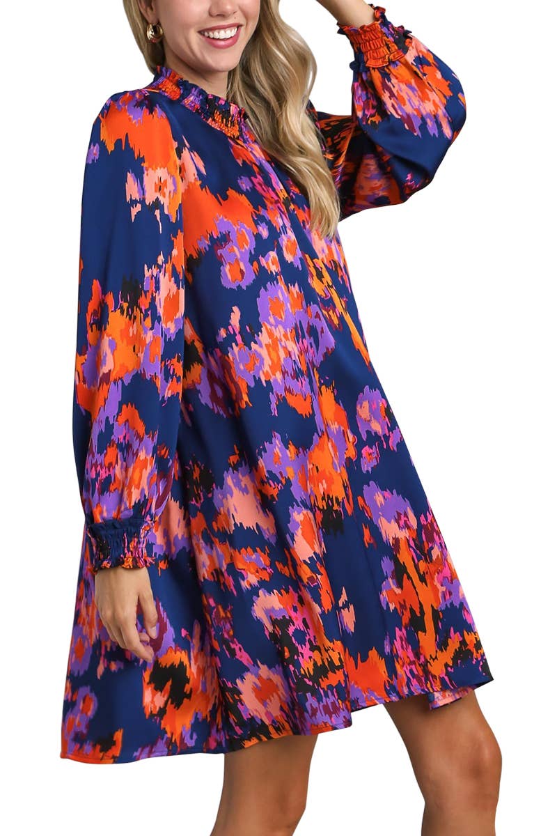 Watercolor Floral Printed Satin Dress