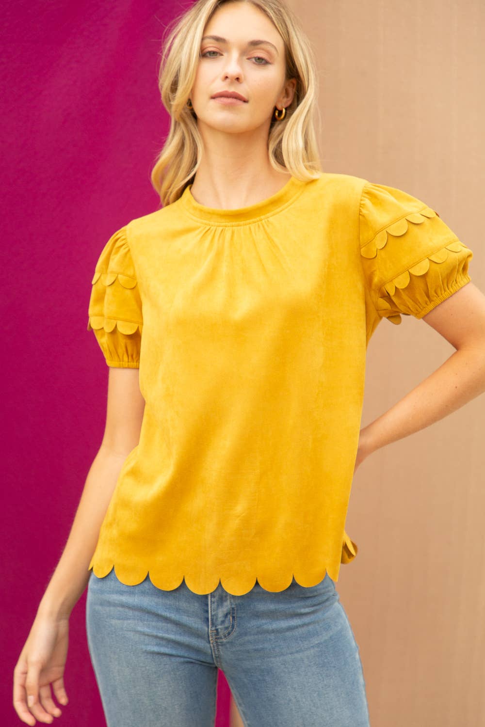 Scallop Detailed Suede Top