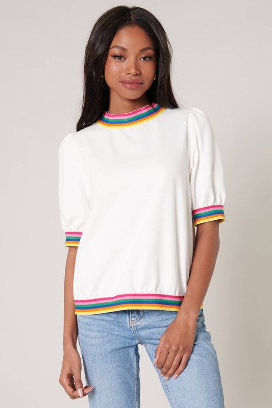 Vivid Dreams Rainbow Trim French Terry Knit Short Sleeve Top