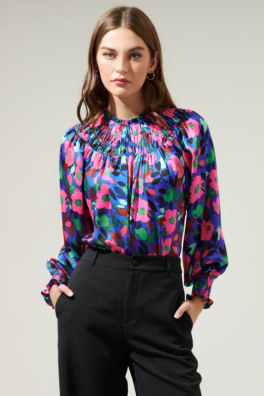 Vivi Berry Floral Bonsoir Smocked Raglan Sleeve Blouse-Sugarlips