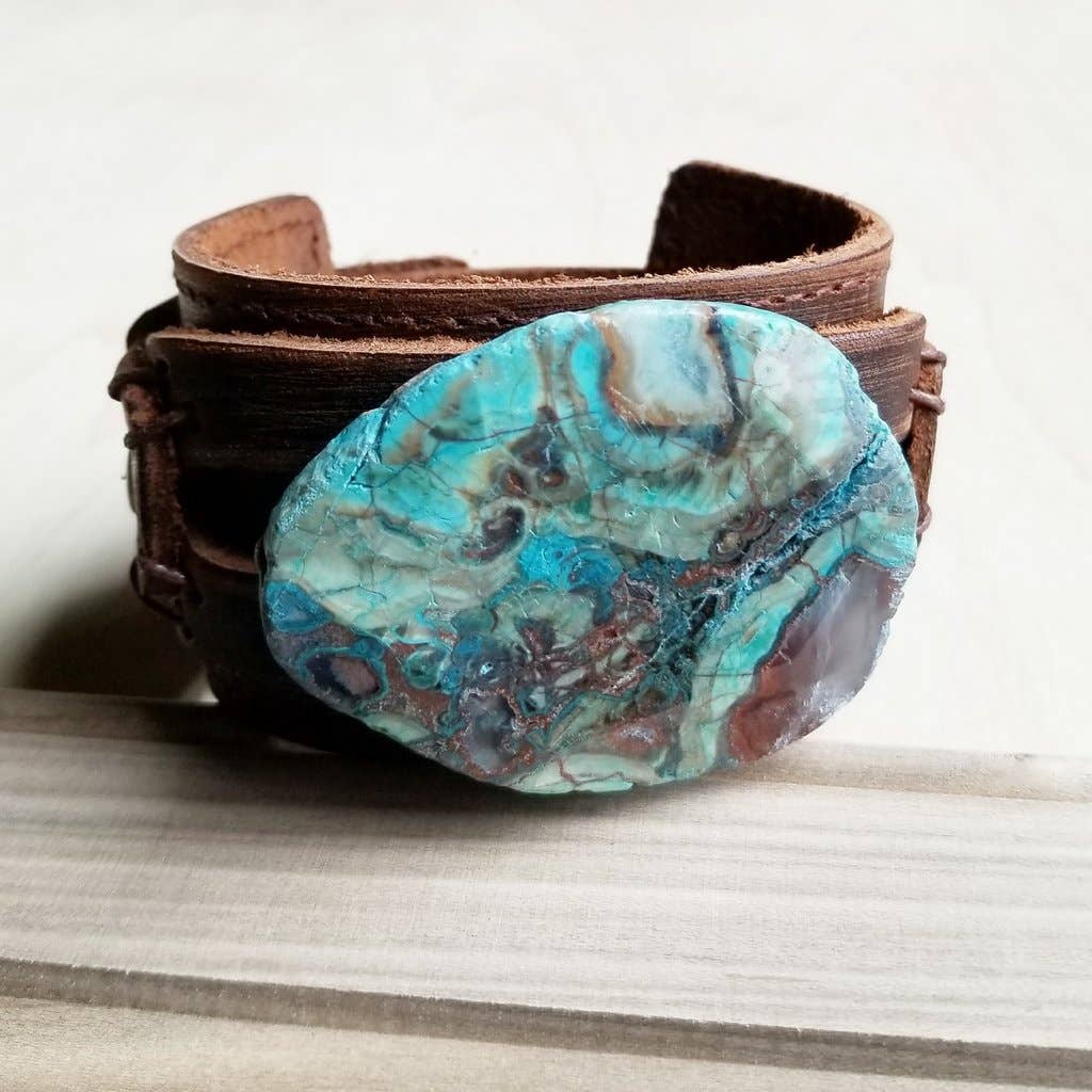 Ocean Agate on Wide Dusty Leather Cuff