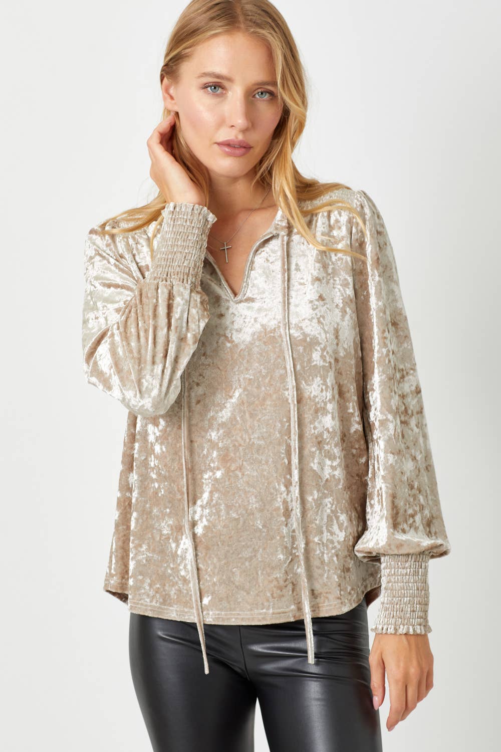 Prosecco Smocked Velvet Blouse
