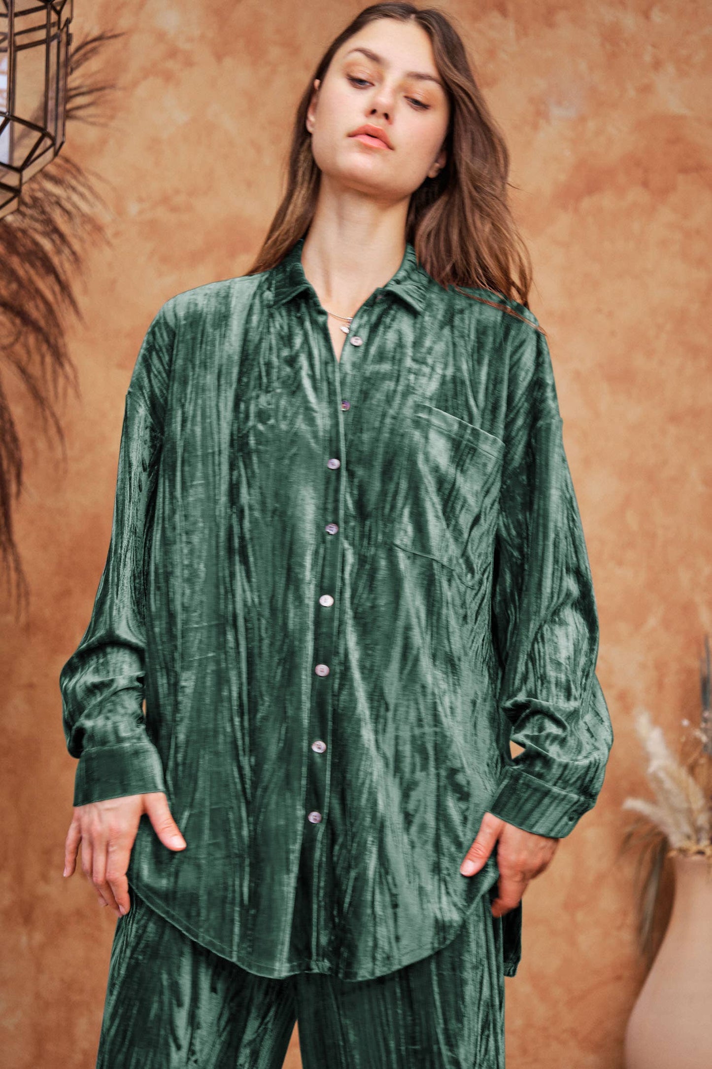 Amy Button Down Sage Velvet Top