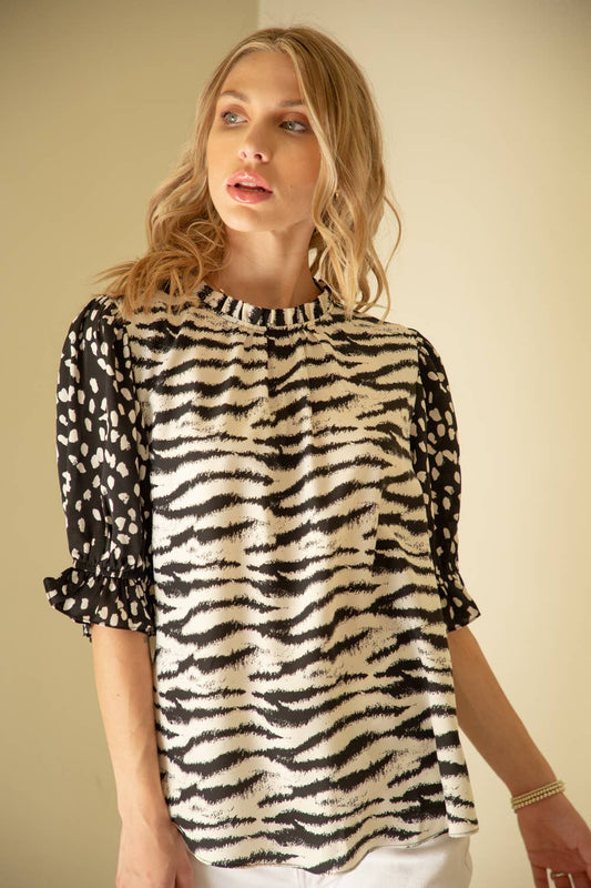 Zebra Print Mix Match Puff Sleeve Top