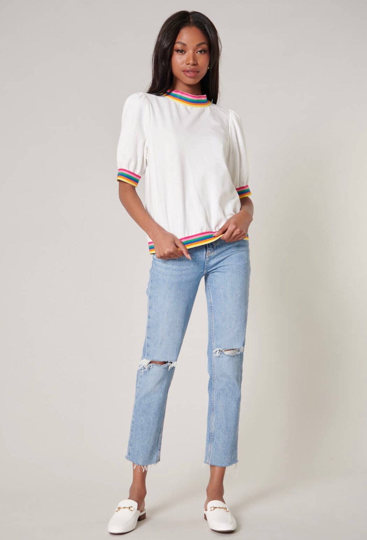 Vivid Dreams Rainbow Trim French Terry Knit Short Sleeve Top