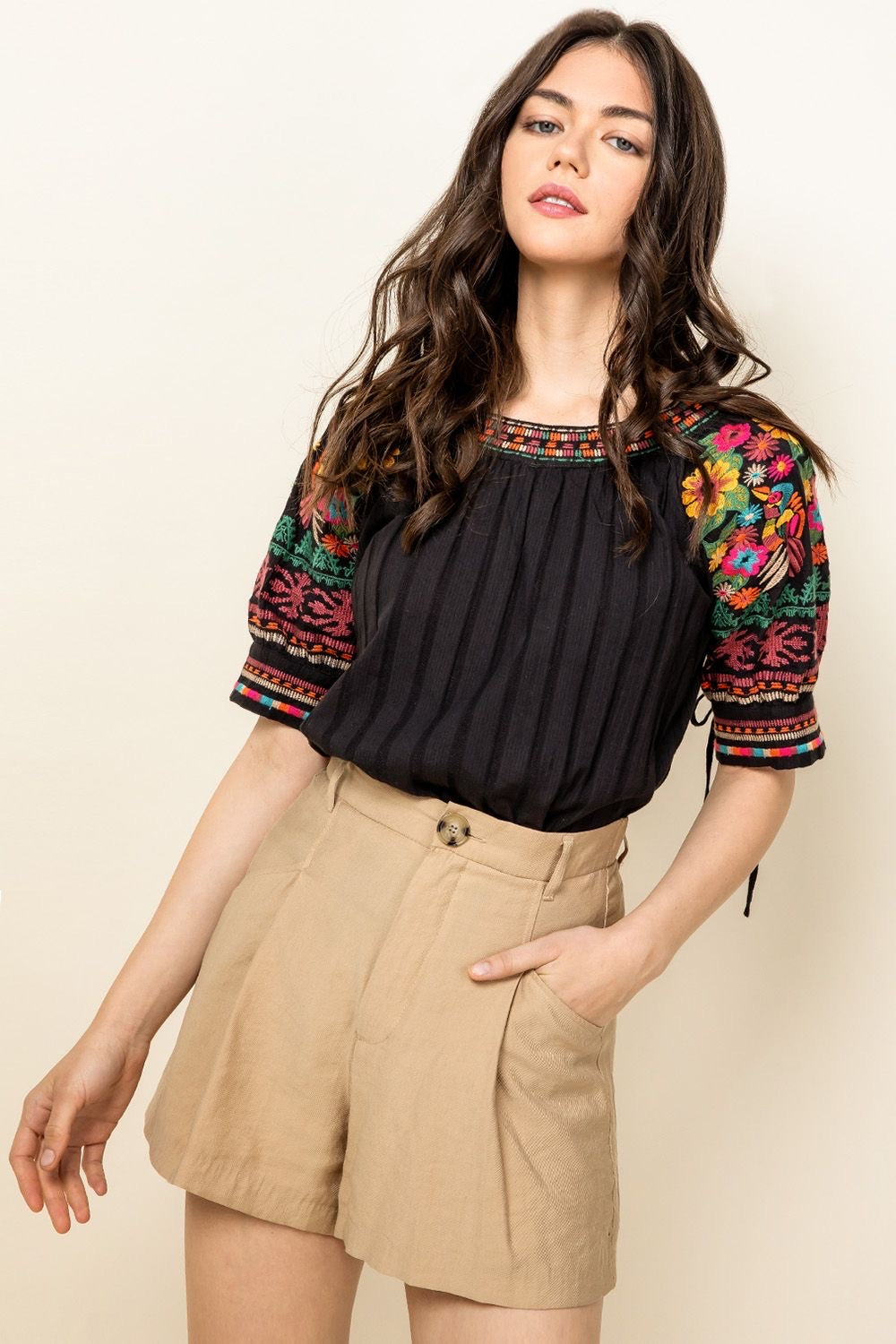 Tying it All Together Embroidered Sleeve Top-THML