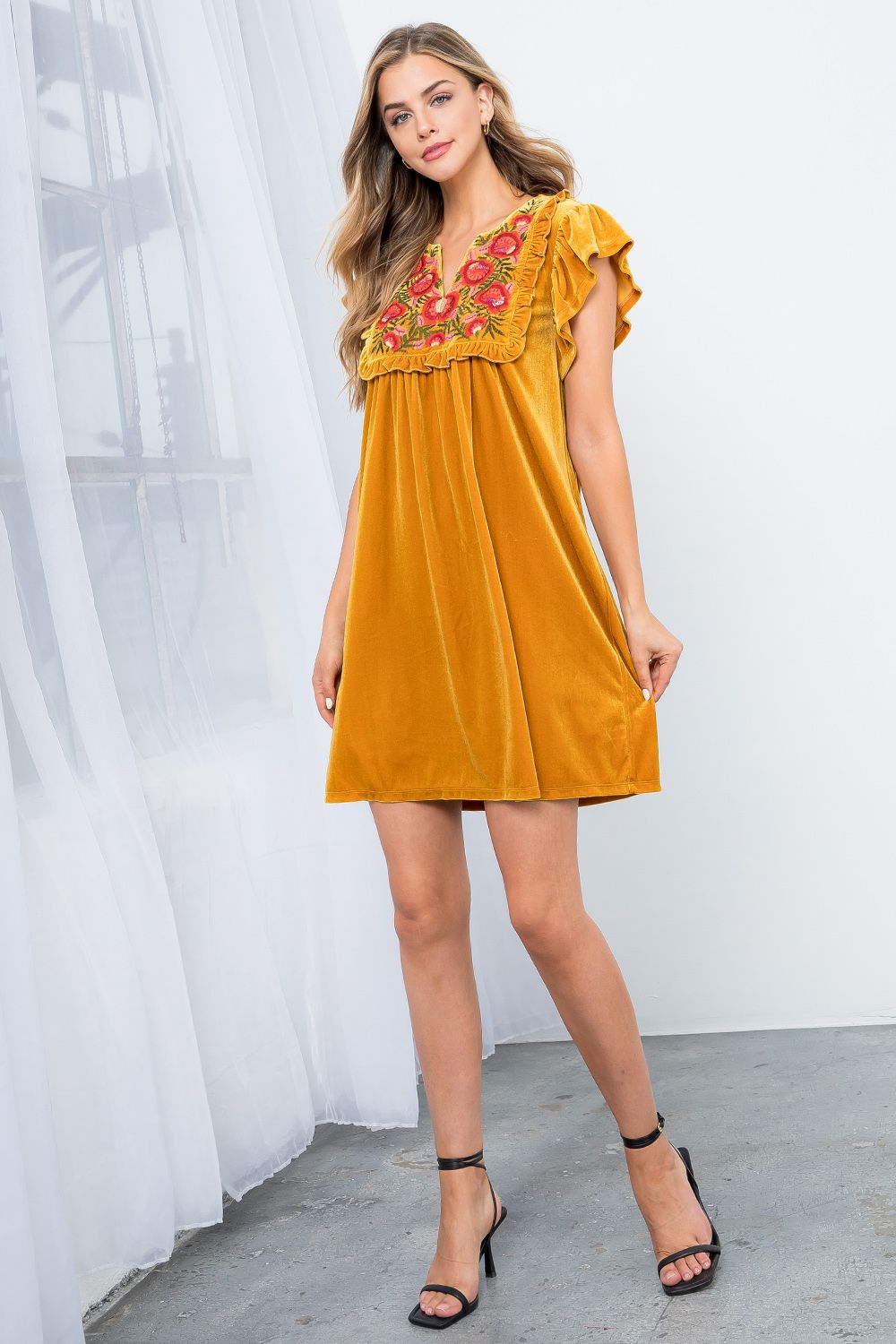 Fall Feels Velvet Embroidered Dress-THML