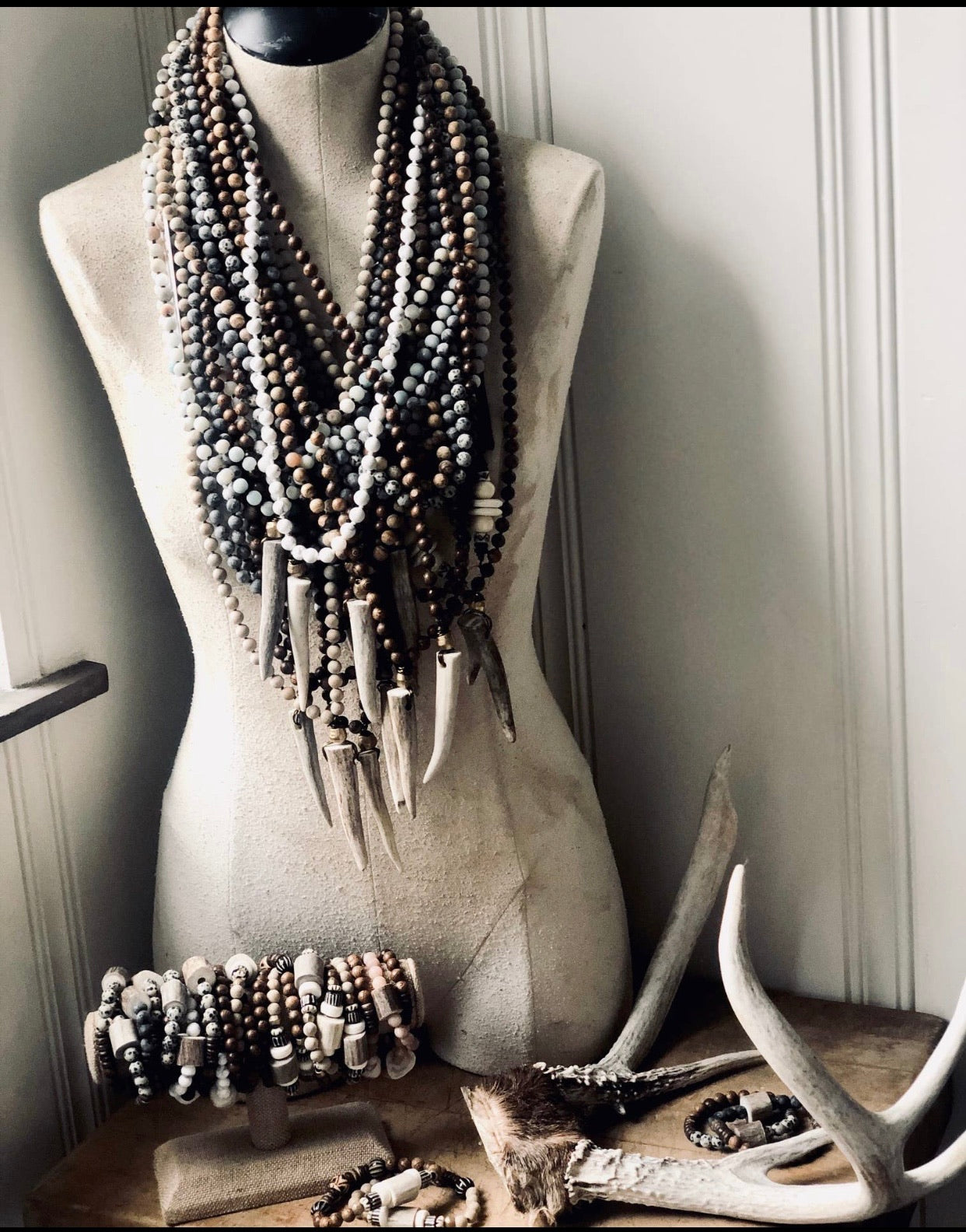 Boho Knotted Gemstone Deer Antler Necklace -4 variations