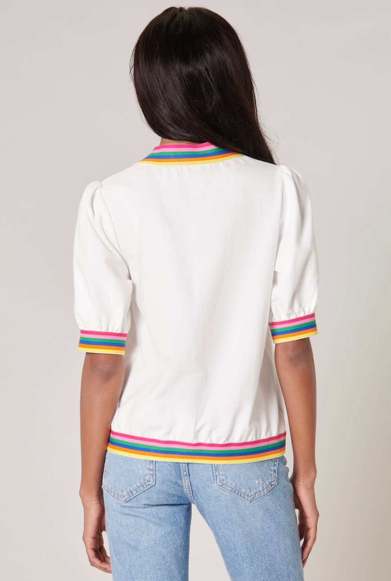 Vivid Dreams Rainbow Trim French Terry Knit Short Sleeve Top