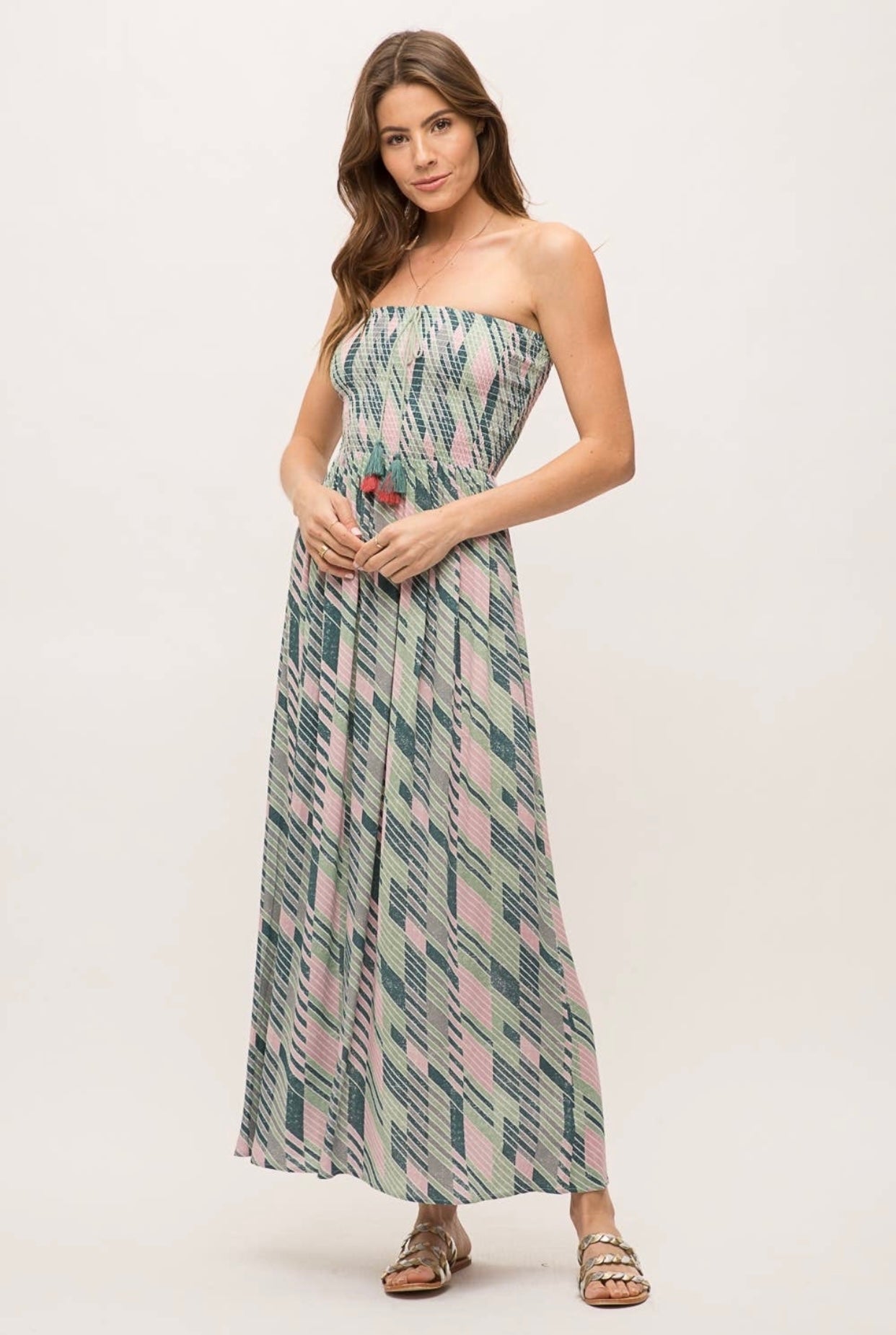 Palm Tree Vibes Strapless Maxi Dress