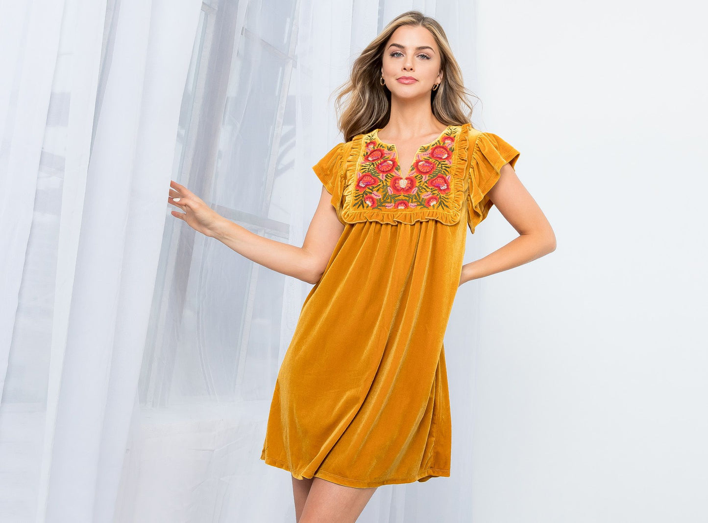 Fall Feels Velvet Embroidered Dress-THML