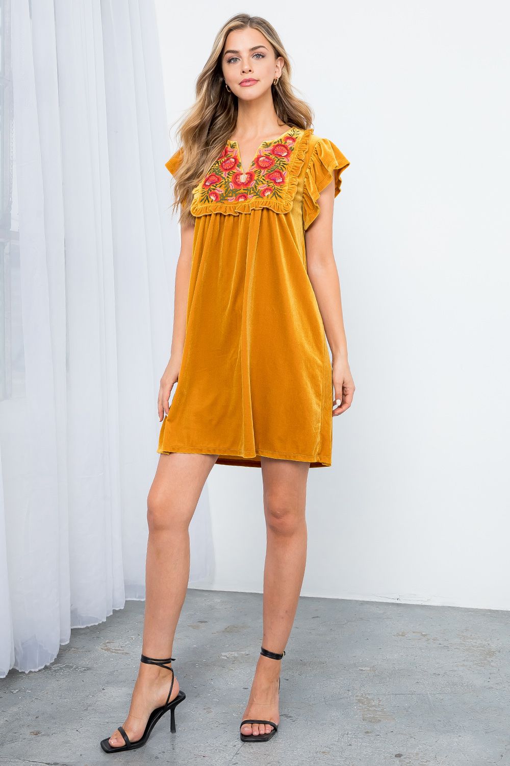 Fall Feels Velvet Embroidered Dress-THML