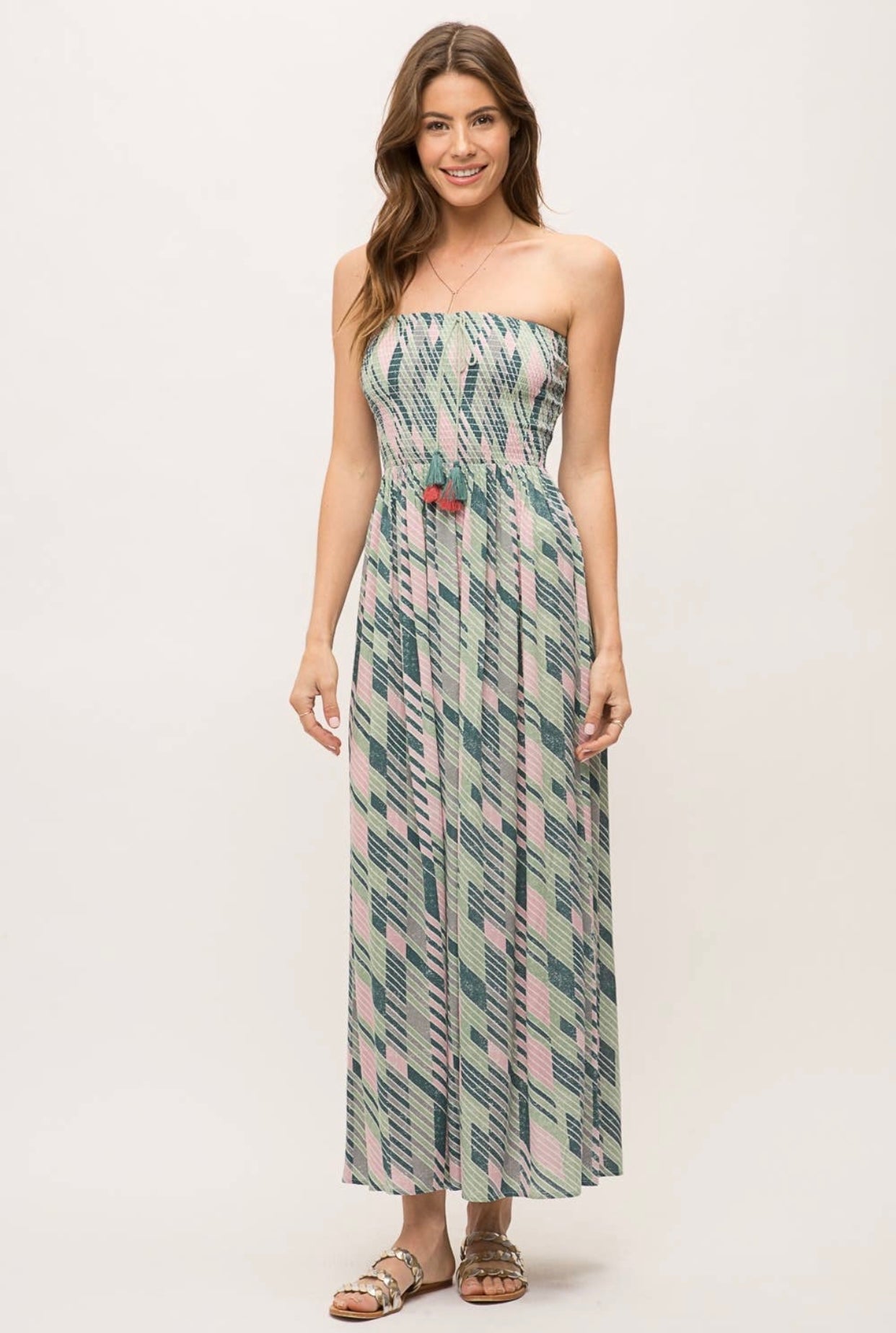 Palm Tree Vibes Strapless Maxi Dress
