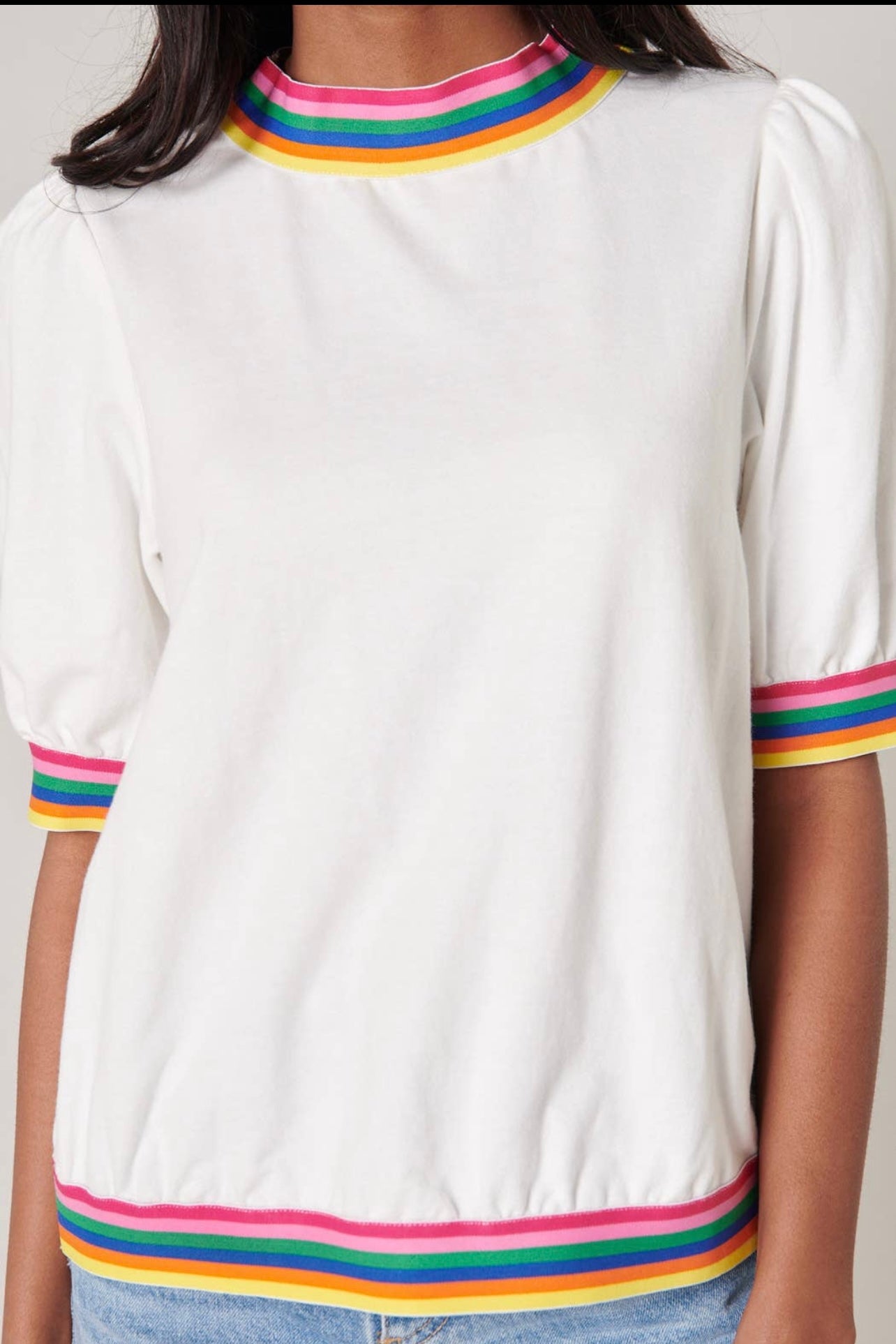 Vivid Dreams Rainbow Trim French Terry Knit Short Sleeve Top