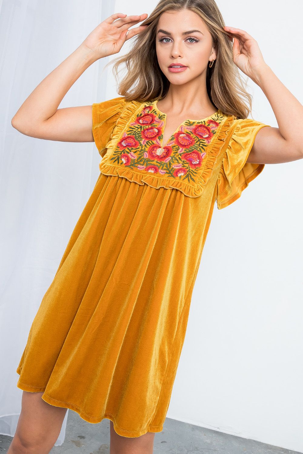 Fall Feels Velvet Embroidered Dress-THML