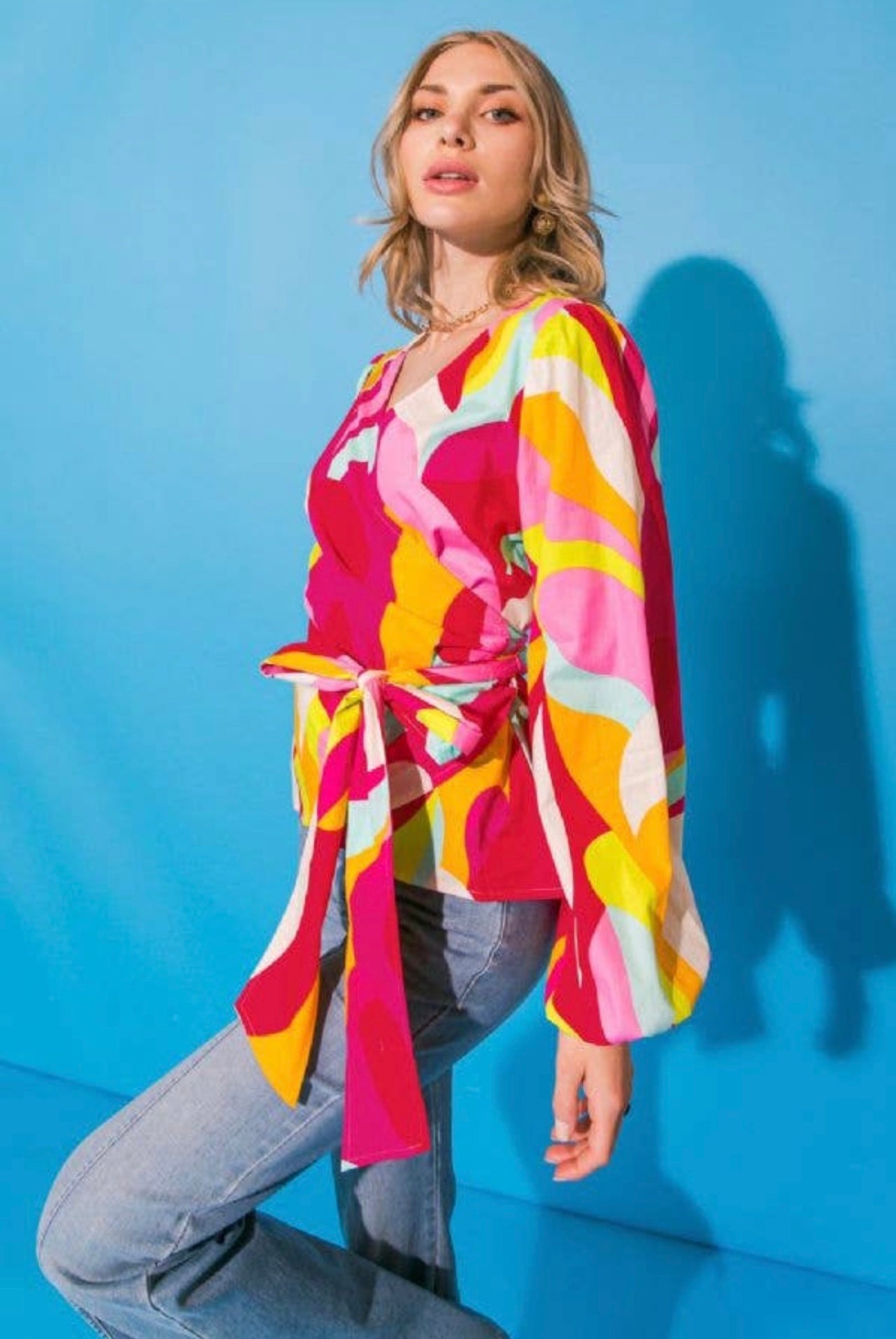 Shiny Penny Wrap Top