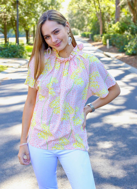 Coral Leopard Ruffle Top