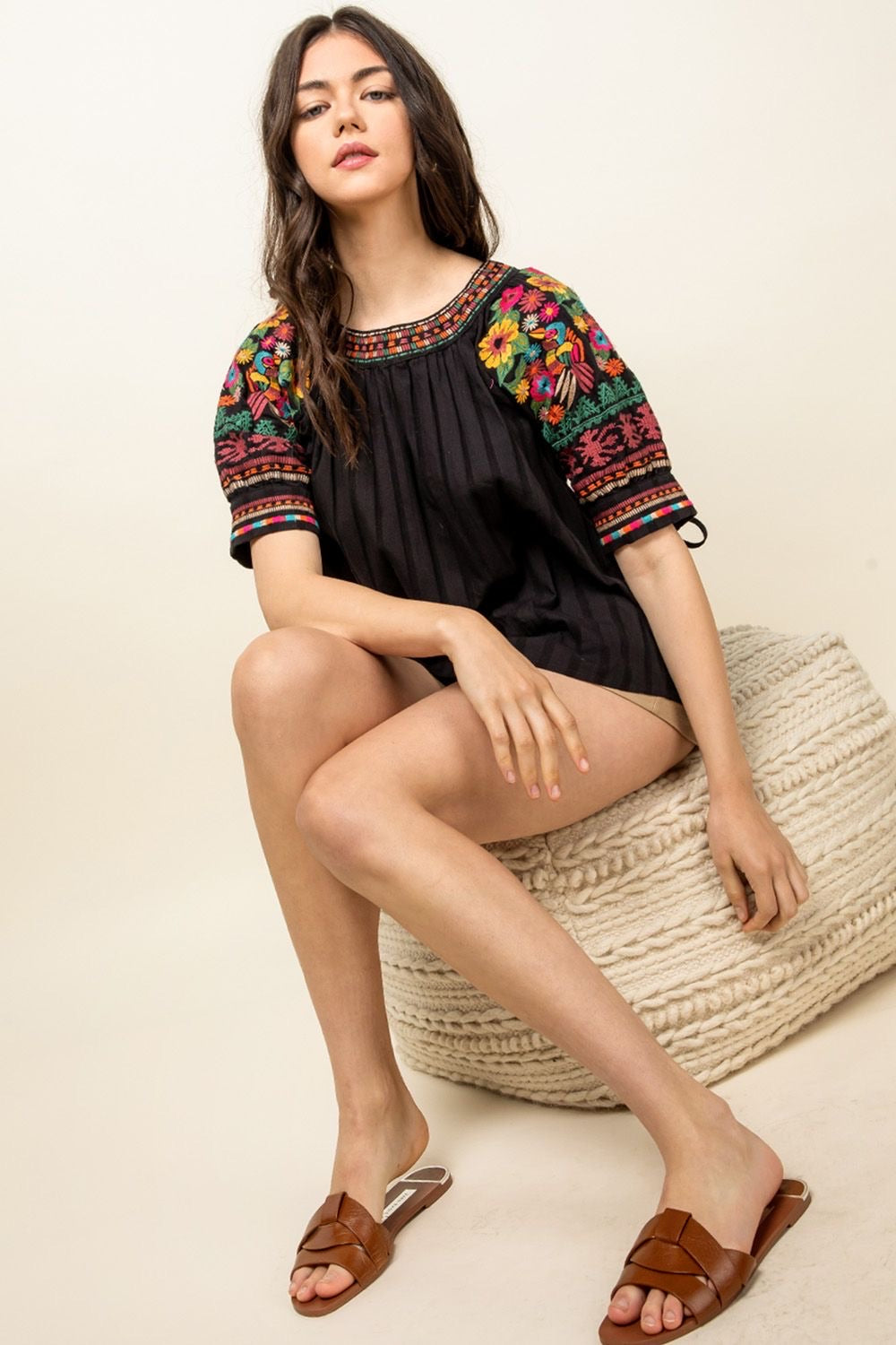 Tying it All Together Embroidered Sleeve Top-THML