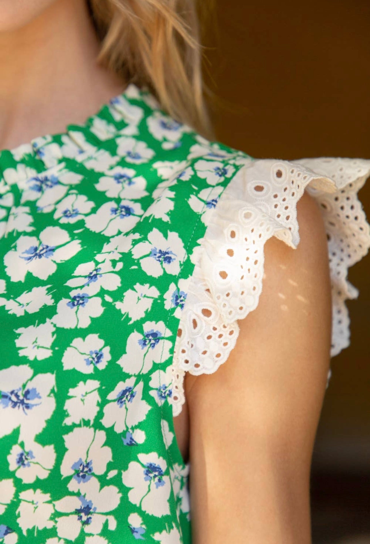 Emerald Isle Eyelet Ruffle Sleeve Print Top