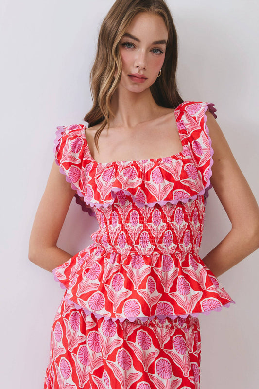 Penelope Floral Print Smocked Ruffle Top