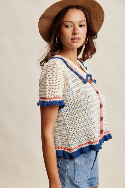 Brady Ruffle Trim Crochet Knit Cardigan Top