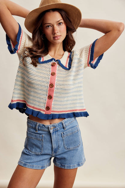 Brady Ruffle Trim Crochet Knit Cardigan Top
