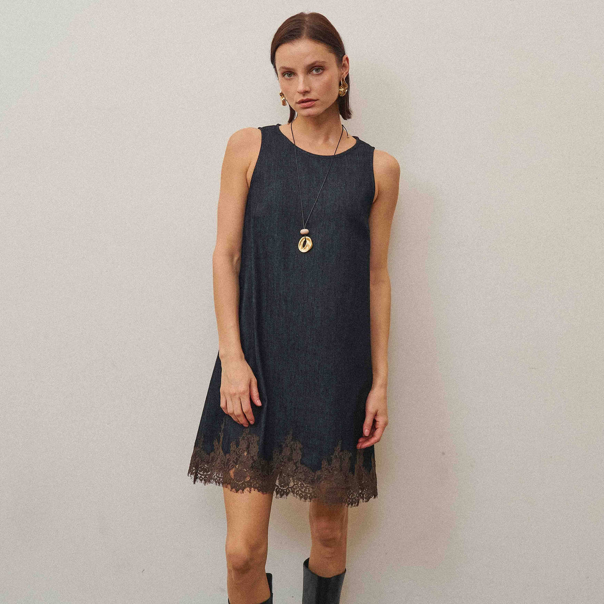 Reese Lace Trim Denim Mini Dress