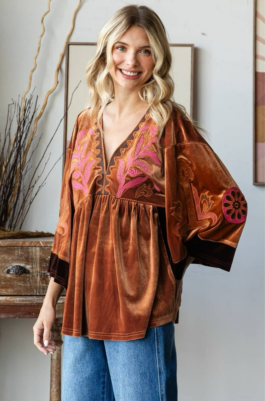 Caramel Vintage Embroidery Patch Velvet Top