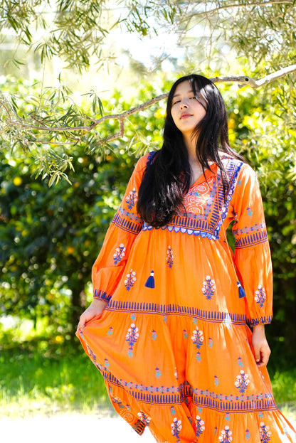 Rita Hand Block Printed Maxi Dress Orange