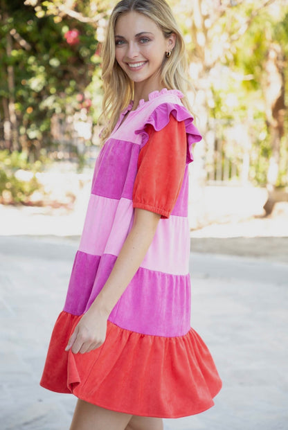 Shades of Pink Color Block Suede Dress