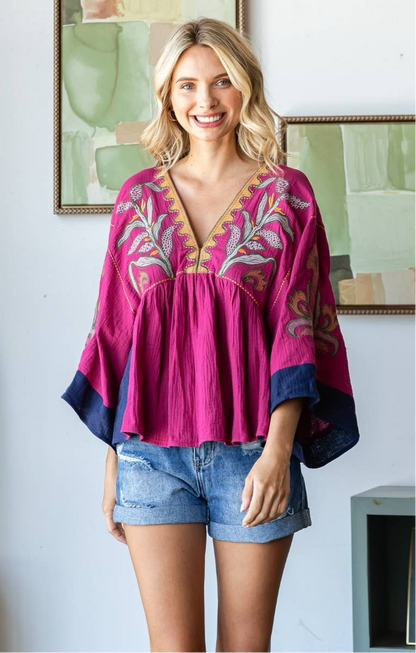 Like a Fine Wine Vintage Embroidery Patch Gauze Top