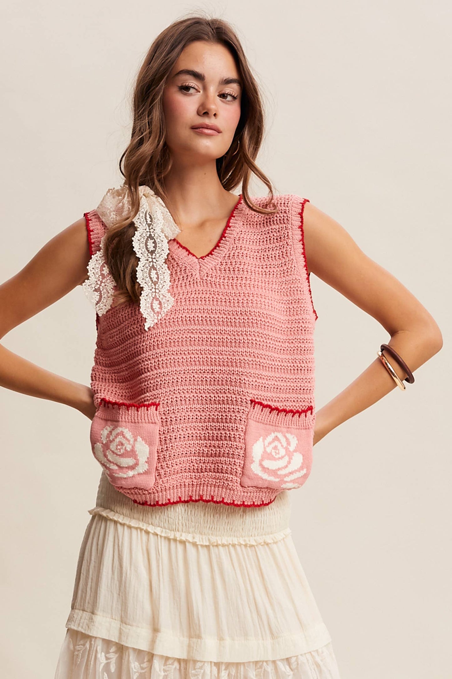 Dorsey Crochet Rose Pocket Knit Vest