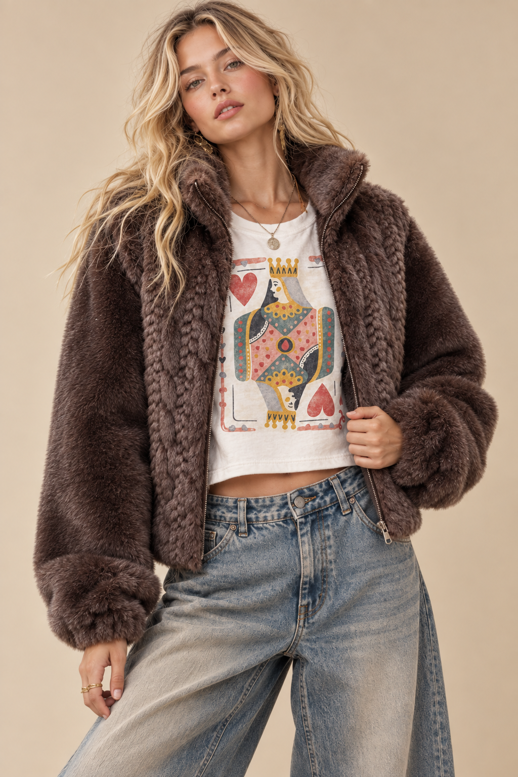 Paris Cable-Knit Faux Fur Zip-Up Jacket
