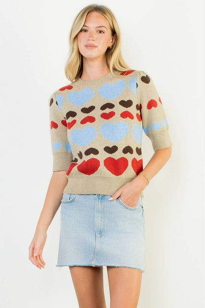 With All My Heart Short Sleeve Heart Knit Top: THML