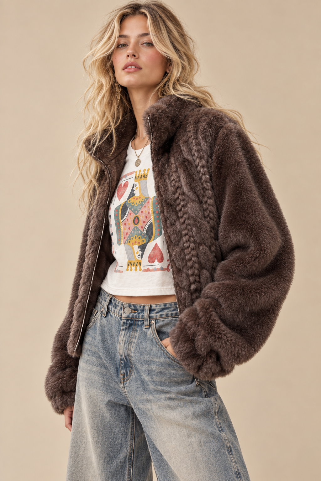 Paris Cable-Knit Faux Fur Zip-Up Jacket