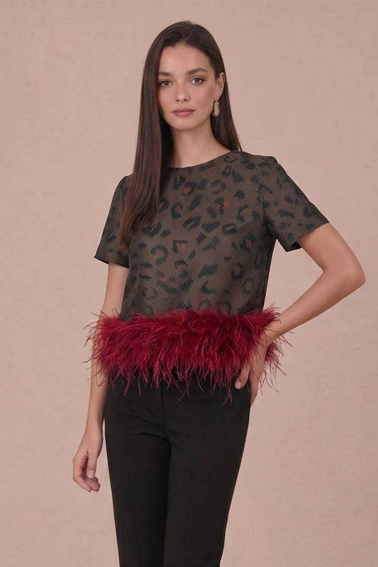 Kiki Leopard Jacquard Top With Feather Trim