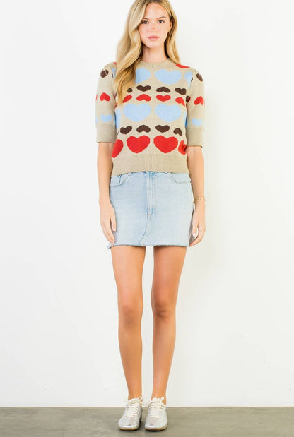 With All My Heart Short Sleeve Heart Knit Top: THML