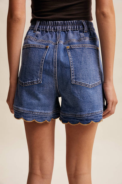 Lizzy Scallop Button-Side Stretch Denim Shorts