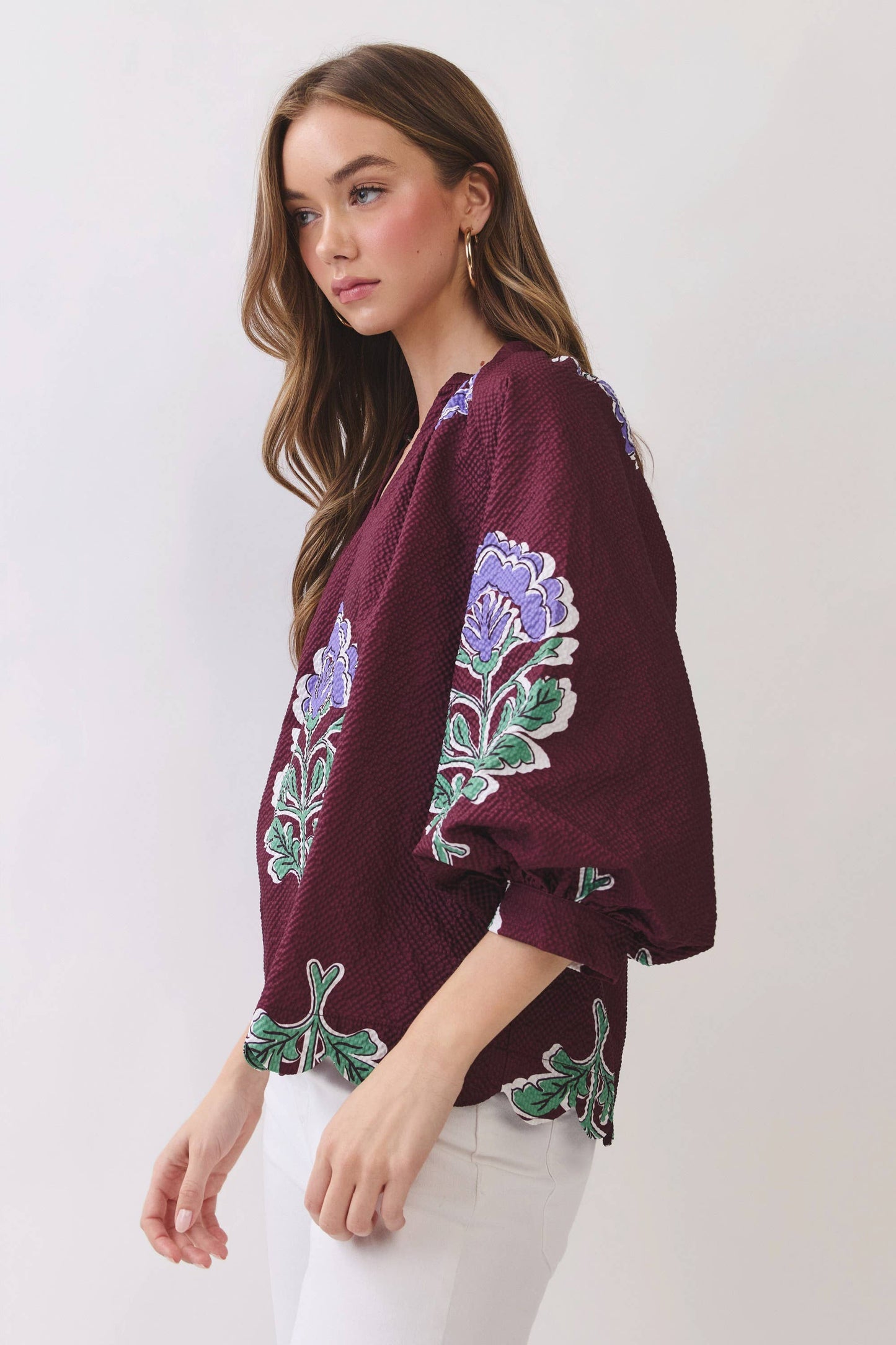 Heidi Floral Scalloped Hem Textured Blouse