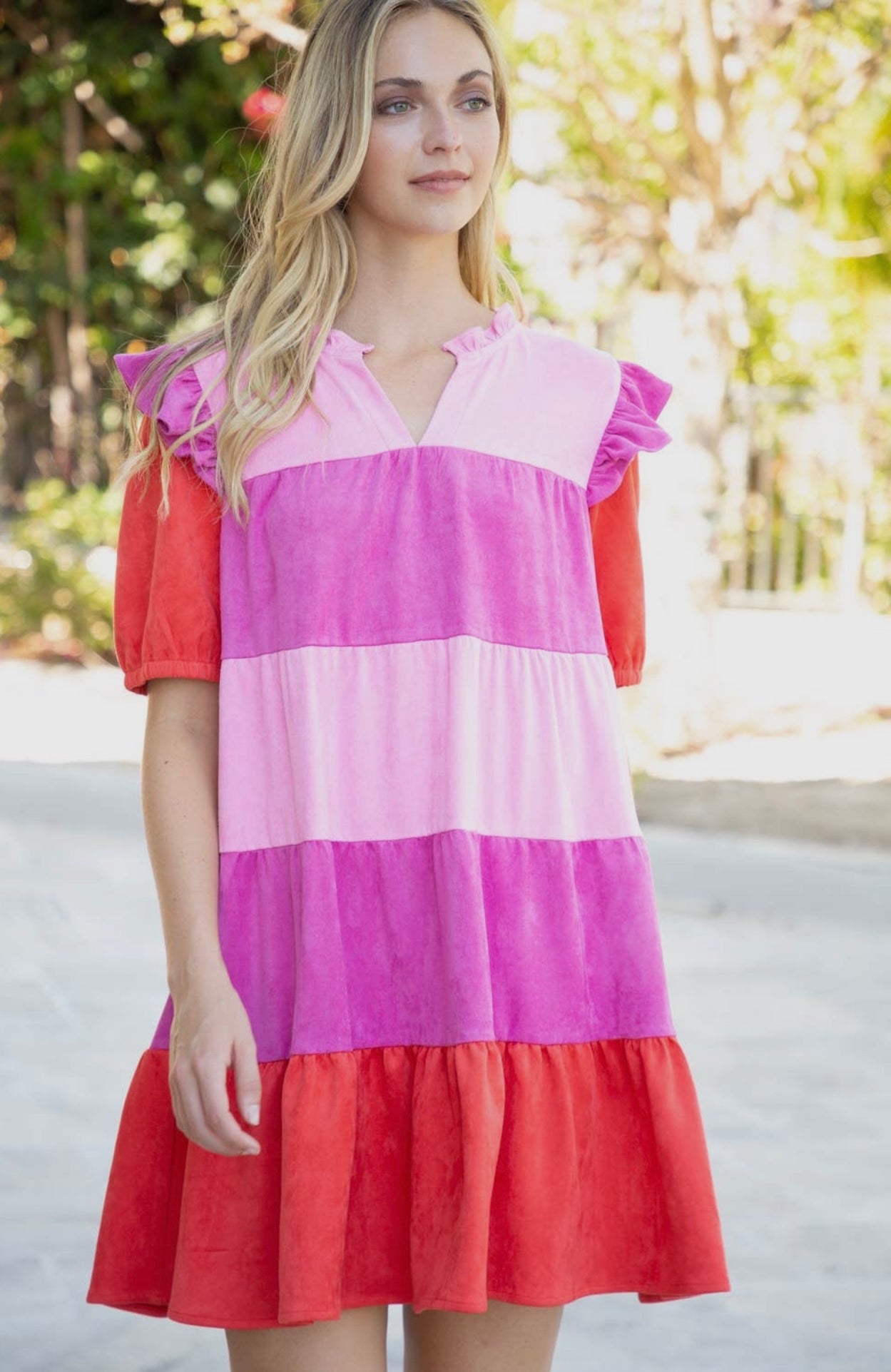 Shades of Pink Color Block Suede Dress