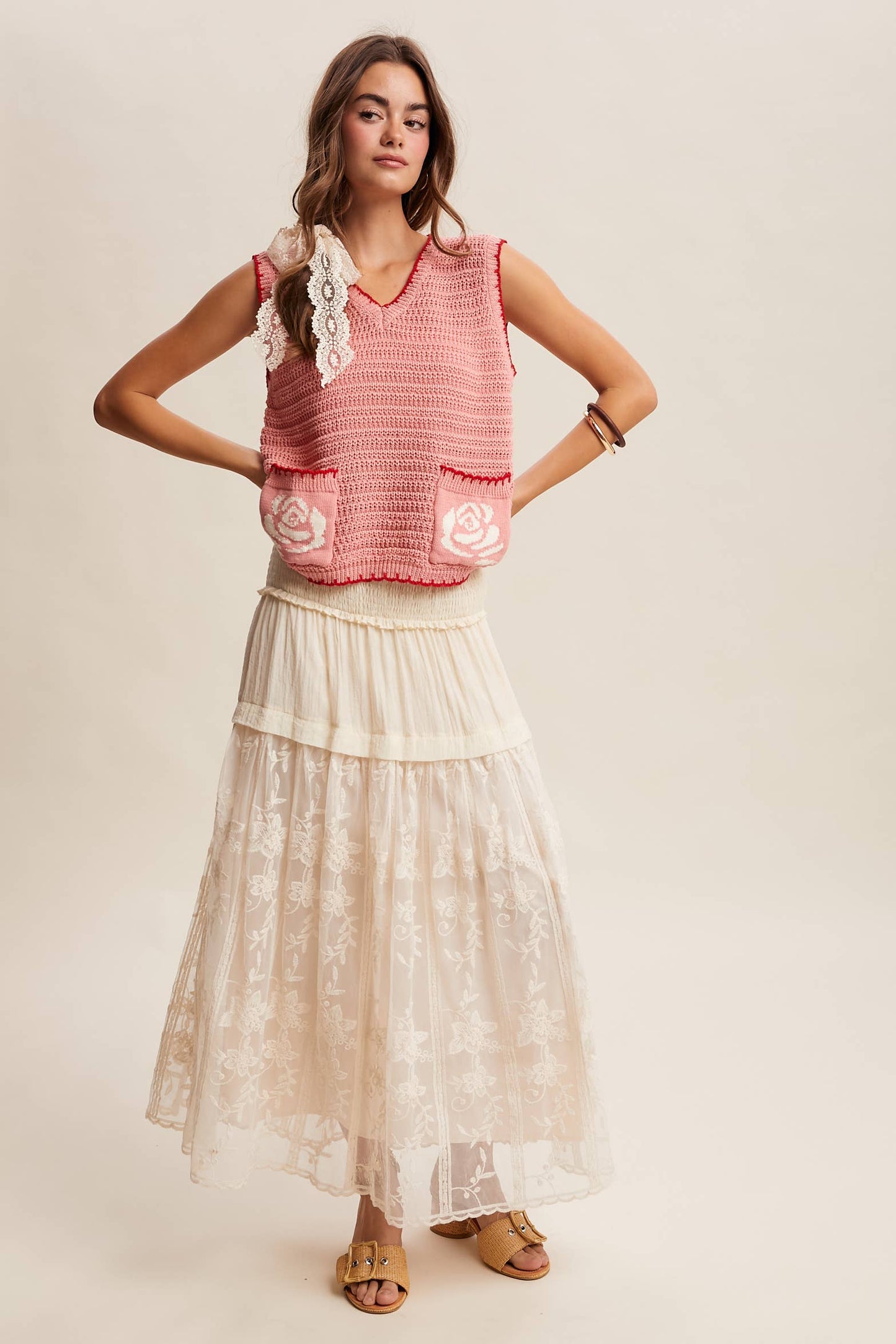 Dorsey Crochet Rose Pocket Knit Vest
