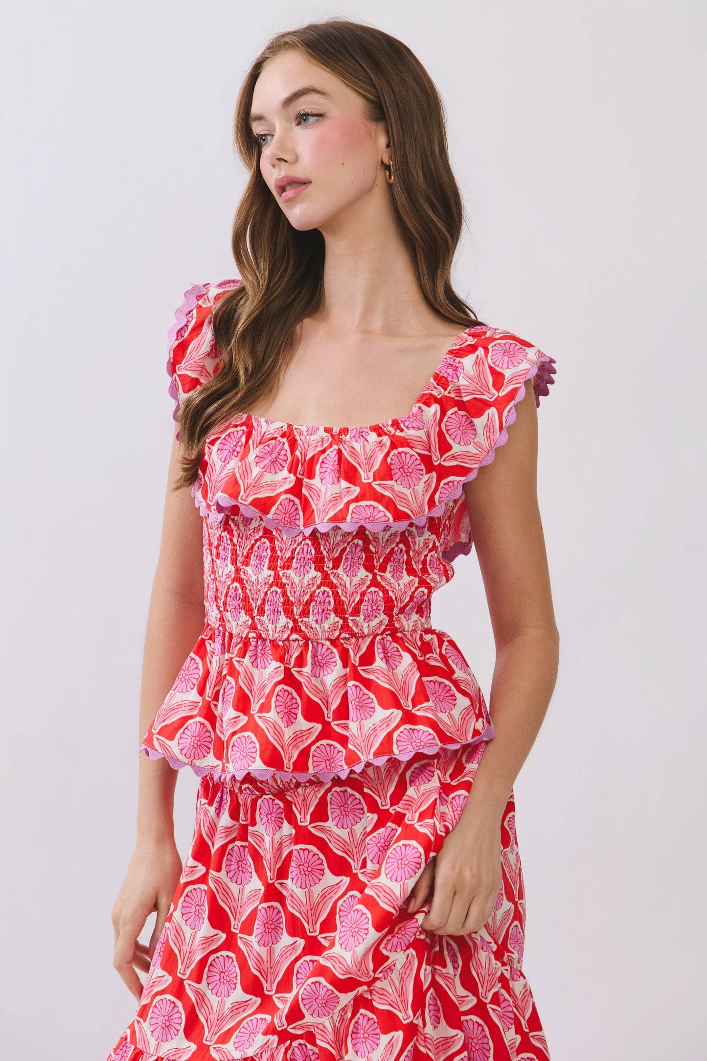 Penelope Floral Print Smocked Ruffle Top