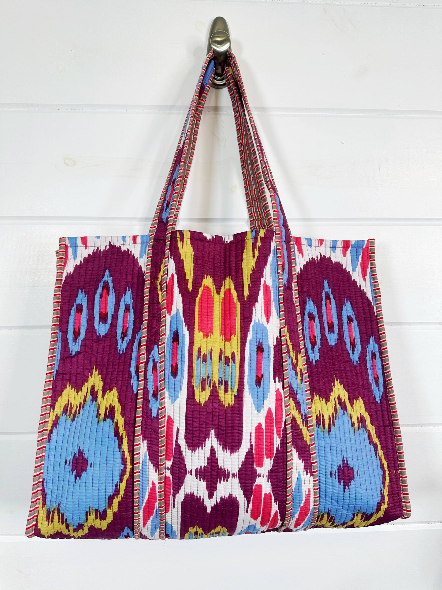 Plum Ikat Tie Dye Cotton Quilted Block Print Tote Bag